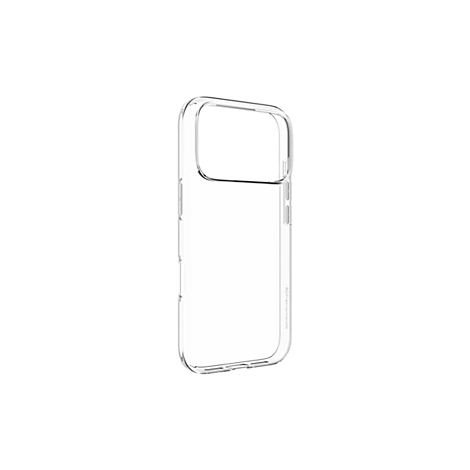 Une coque de téléphone transparente, montrant les contours d'un smartphone. Un nom de marque est visible sur le côté.