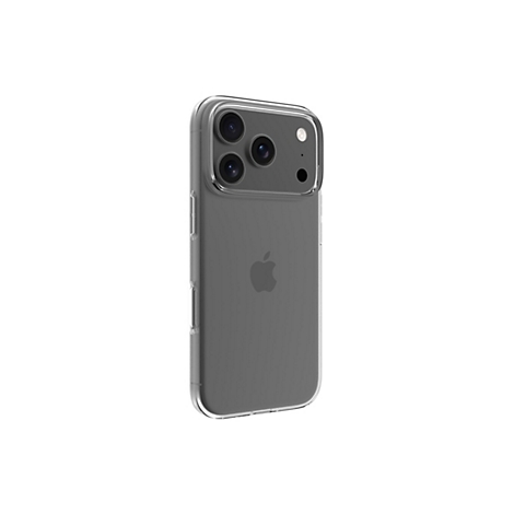 Un iPhone dans une coque de protection transparente, sur fond blanc. Trois caméras et le logo Apple sont visibles.