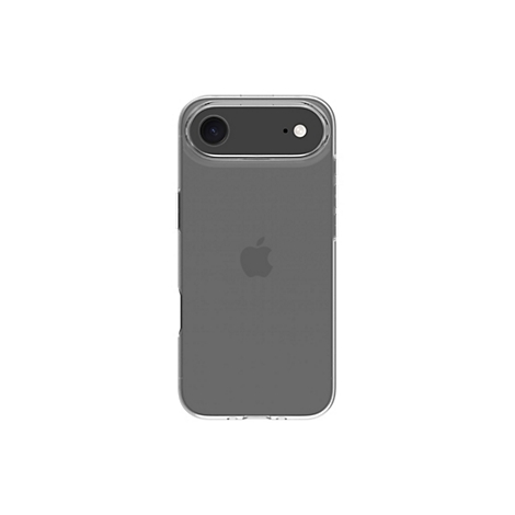 Un iPhone gris avec une coque de protection transparente. On peut voir un logo Apple au dos, ainsi que deux objectifs d'appareil photo.