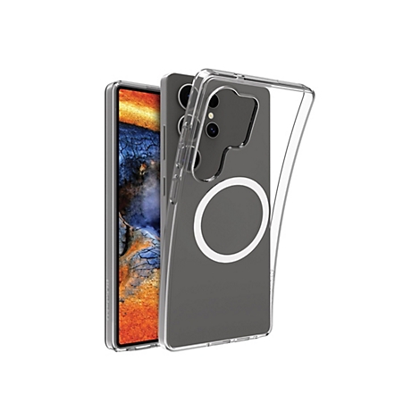 Gros plan d'un téléphone avec une coque de protection. Coque transparente avec cercle blanc, le dos du téléphone et un fond coloré.