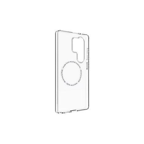 Coque de téléphone transparente, avec texte 'made from recycled materials - dbramante1928 - 100% recyclable'.