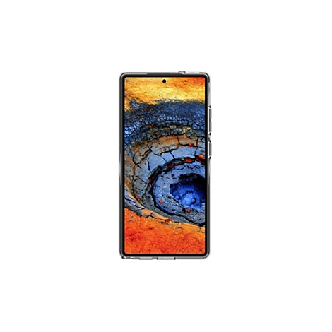 Smartphone avec un écran abstrait en orange, bleu, blanc et marron, dans une coque transparente sur fond blanc.