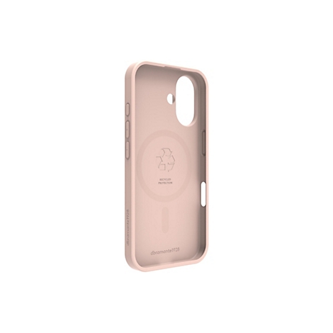 Coque de téléphone rose clair avec découpes. À l'intérieur, un symbole de recyclage et le texte "RECYCLED PROTECTION" sont visibles.
