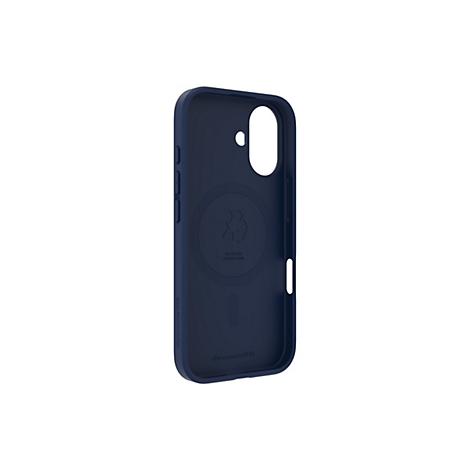 Coque de téléphone bleu foncé en matériau recyclé, dos avec symbole de recyclage et texte 'Recycled Protection'.