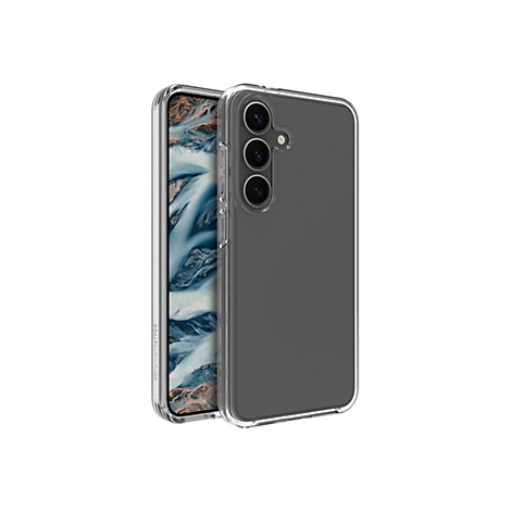 Coque de téléphone transparente avec un téléphone à l'intérieur. Un paysage est visible à l'intérieur.