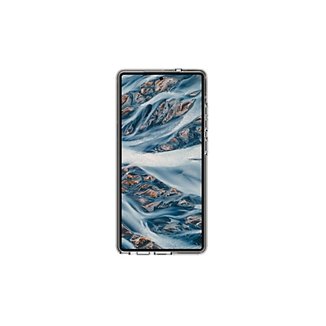 Un smartphone avec un écran paysage sur fond blanc.