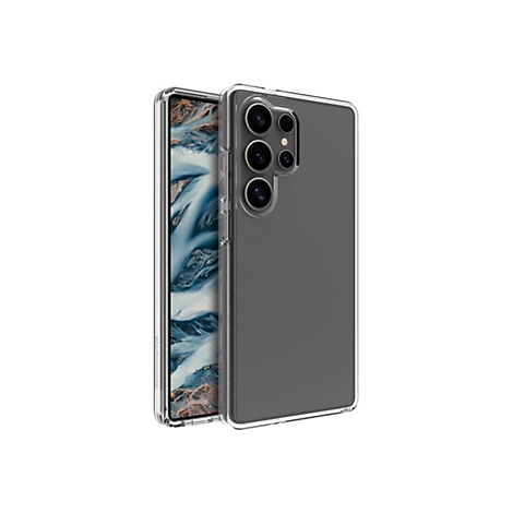 Un smartphone dans un étui de protection transparent, sur fond blanc.