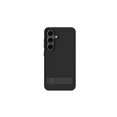 Coque de téléphone noire avec appareil photo et support intégré, sur fond blanc.