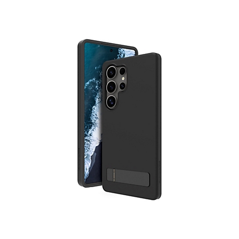 Un smartphone noir avec étui, l'écran montrant la mer. L'étui a un support.