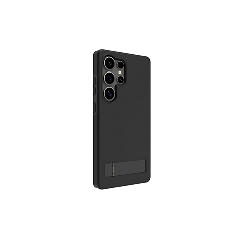 Coque de téléphone noire avec découpes pour appareil photo et support, sur fond blanc.