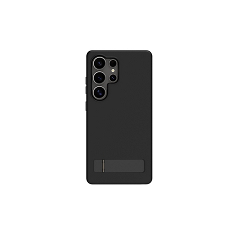 Coque de smartphone noire avec caméras, support. Vue arrière sur fond blanc.