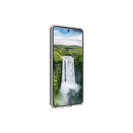 Smartphone dans un étui de protection transparent. Une cascade dans un paysage verdoyant est visible sur l'écran.