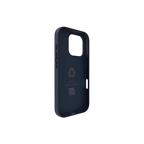 Coque de téléphone bleu foncé, intérieur avec symbole de recyclage et texte.