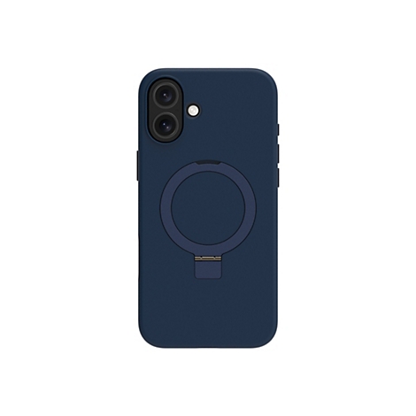Coque de téléphone bleu foncé avec anneau et support intégrés sur fond blanc. Deux lentilles de caméra en haut.