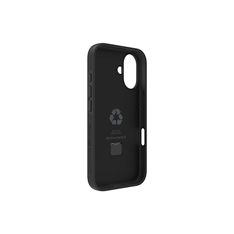 Coque de smartphone noire, logo de recyclage, nom de la marque.