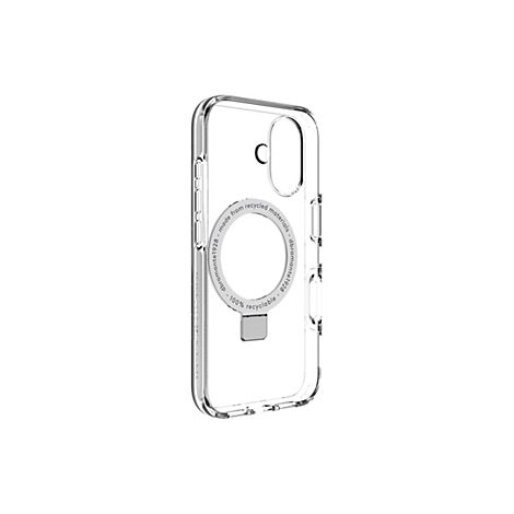 Coque de téléphone transparente avec une zone circulaire pour le chargement sans fil. Inscription : fabriqué à partir de matériaux recyclés, 100 % recyclable.