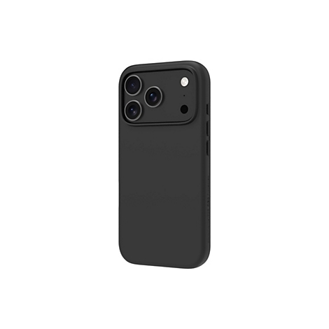 Coque de smartphone noire, triple caméra, avec boutons latéraux et branding.