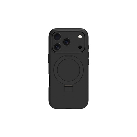 Coque de téléphone noire avec découpe pour appareil photo, anneau MagSafe et support pliable sur fond blanc.