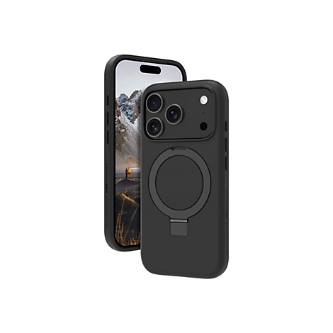 Coque d'iPhone noire avec anneau MagSafe intégré et iPhone monté. Un panorama de montagnes en arrière-plan.