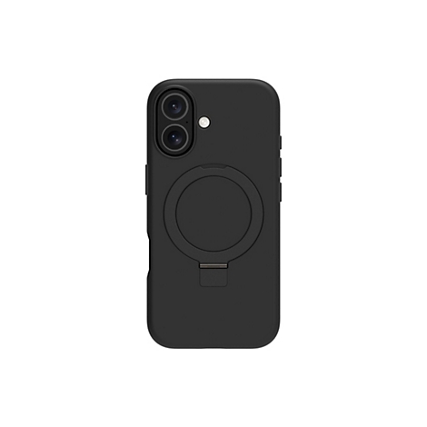 Coque de téléphone noire avec découpes pour appareil photo et support, sur fond blanc.