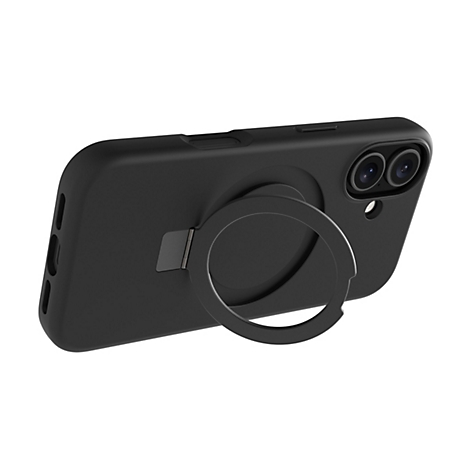 Smartphone noir avec coque et support en anneau, plan rapproché. L'objet se dresse sur fond blanc.