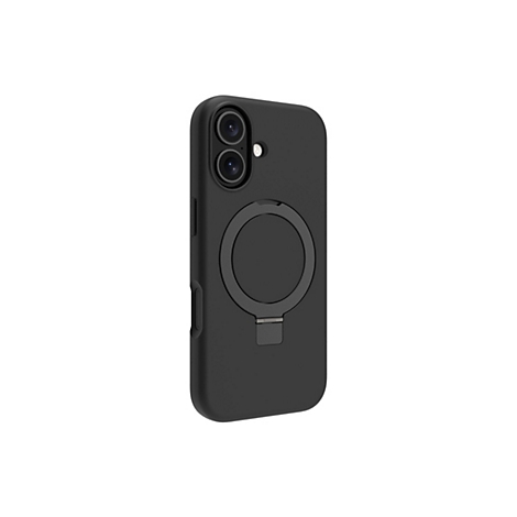 Coque de smartphone noire avec découpe pour appareil photo et support circulaire avec support, sur fond blanc.
