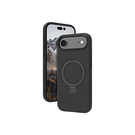Coque de téléphone noire avec fonction MagSafe et support intégré. À côté, un iPhone avec un paysage de montagne sur l'écran.