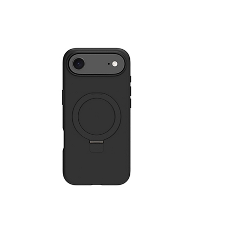 Coque de téléphone noire avec anneau intégré pour accessoires MagSafe. La coque possède une fenêtre pour la caméra et un support pliable.