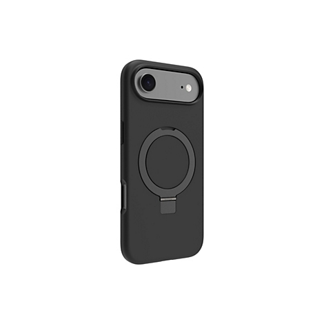Coque noire pour iPhone avec zone caméra, porte-anneau et support pliable. Sur fond blanc.