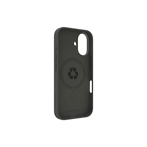 Coque de téléphone gris foncé en matériau recyclé, avec logo de l'entreprise, lettrage et symbole de recyclage.