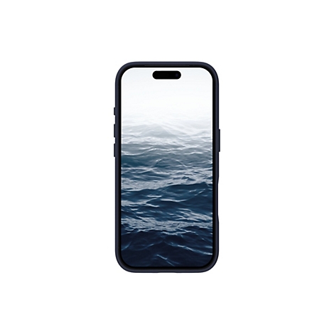 Écran de smartphone affichant la mer avec des vagues reflétées sur l'écran. Le bord du téléphone est bleu foncé.