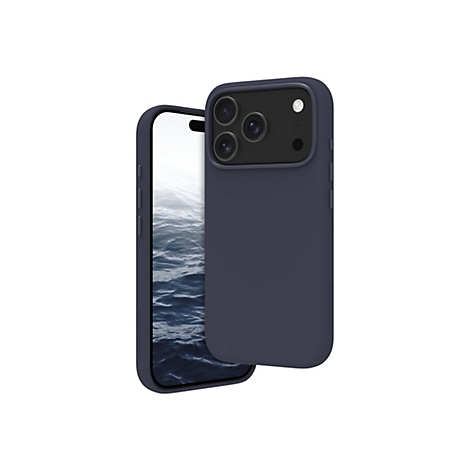 Un iPhone bleu foncé avec un étui, l'écran affiche de l'eau.