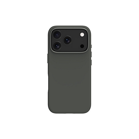 Coque de téléphone vert foncé avec découpe pour l'appareil photo sur fond blanc. Trois objectifs, un flash et un microphone sont visibles.