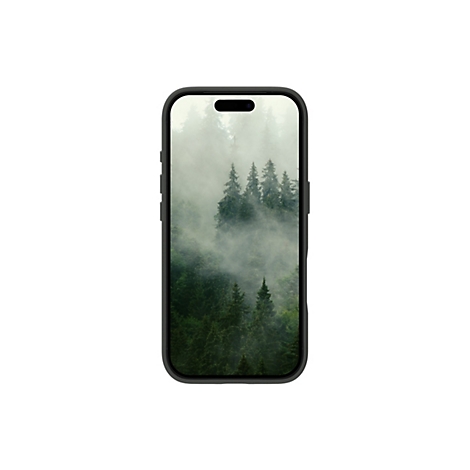 Un smartphone affiche un paysage forestier brumeux. Le téléphone lui-même est gris foncé, avec des bords arrondis.