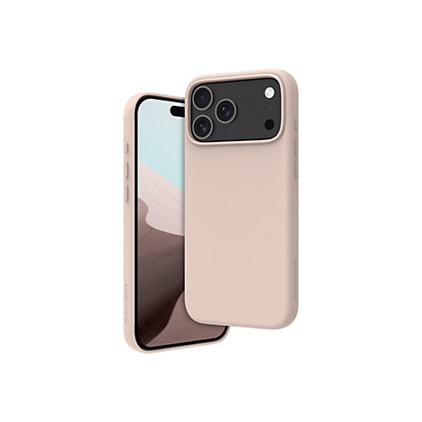 iPhone 14 Pro rose clair avec étui, à gauche, légèrement ouvert. Écran affichant un paysage désertique.