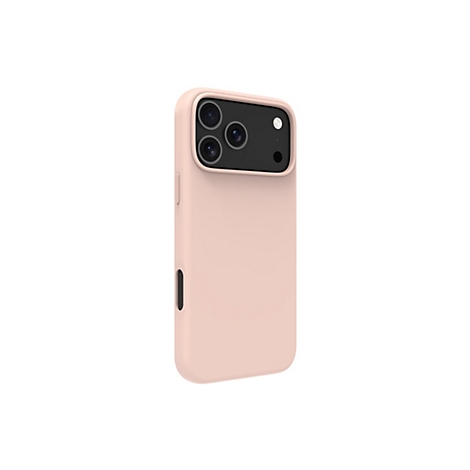 Coque de téléphone rose clair pour smartphone, fond blanc. Le module caméra est noir.