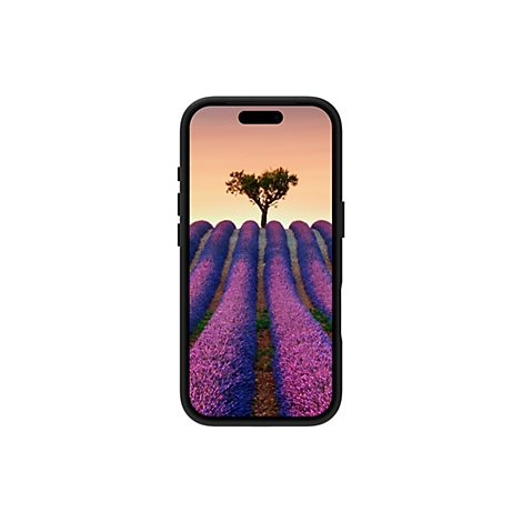Smartphone avec une image de fond d'un champ de lavande sous un arbre.