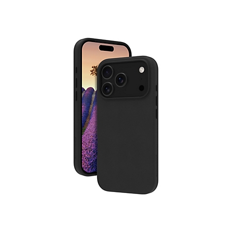 Coque de téléphone noire et iPhone. Le téléphone affiche un paysage à l'écran.