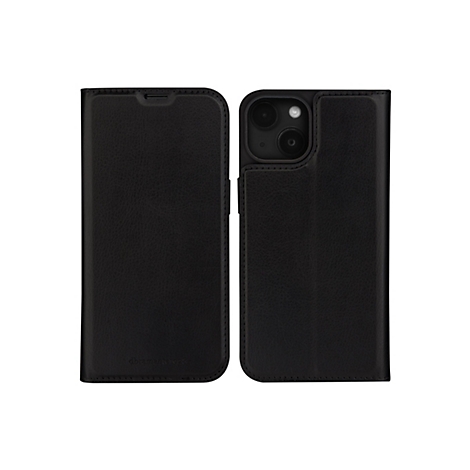 Schwarzes Handy-Case mit iPhone im geöffneten Zustand. Das Case hat eine lederartige Struktur und den Schriftzug 'dbrantente1928'.