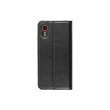 Schwarze Handyhülle mit Kameraausschnitt und klappbarer Front, isoliert auf weißem Hintergrund.