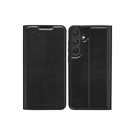 Schwarze Handyhülle aus Leder mit Klappfunktion. Die Hülle ist geöffnet, um das Innere zu zeigen.