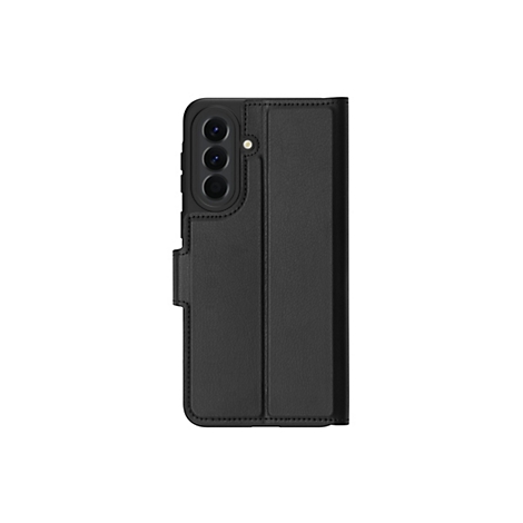 Schwarze Handyhülle mit Klappfunktion; das Gehäuse ist strukturiert, die Kamera ist freiliegend.