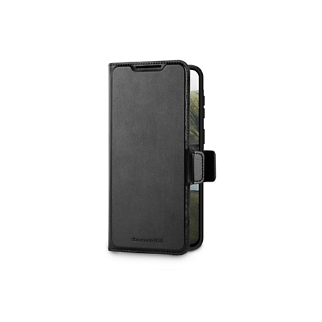 Schwarze Leder-Handyhülle im offenen Zustand. Auf der Vorderseite ist der Schriftzug "dramante1928" zu sehen. Im Inneren ist das Smartphone teilweise sichtbar.