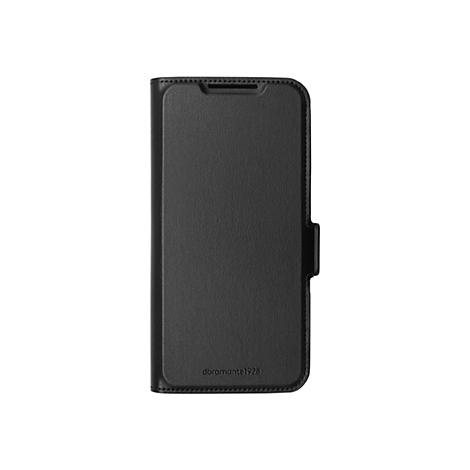 Schwarzes Handy-Case mit Lederstruktur, Frontansicht, Verschlusslasche, weißer Hintergrund.