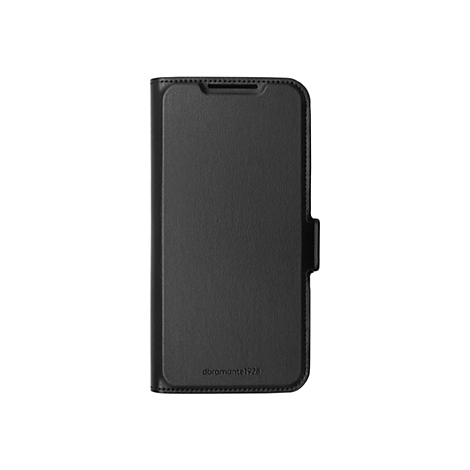 Schwarze Handyhülle mit Klappfunktion. Auf der Hülle ist der Schriftzug „dramante1928“ zu sehen.