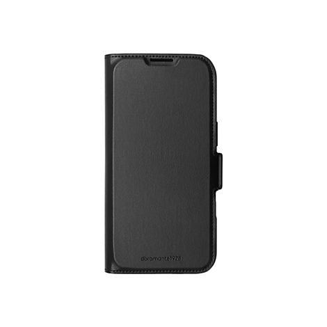 Schwarze Handyhülle aus Leder. Auf der Hülle ist der Schriftzug 'dramante1928' zu sehen.