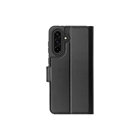 Schwarze Handyhülle im Portemonnaie-Stil, die teilweise das Kameramodul freilegt. Sie steht aufrecht vor weißem Hintergrund.