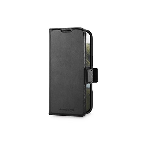 Schwarze Handy-Schutzhülle aus Leder. Das Cover ist aufgeklappt, sodass das Innere mit einem Smartphone zu sehen ist.