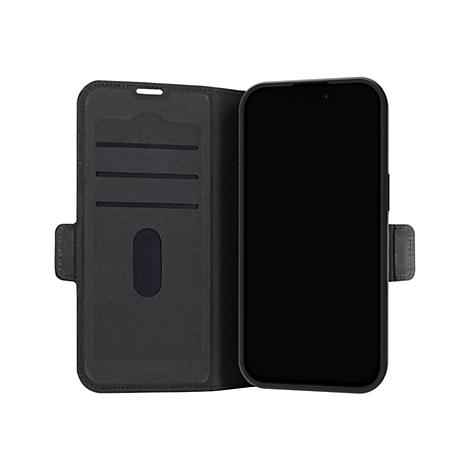 Schwarze Handyhülle, geöffnet, mit Kartenfächern und geschlossenem Handy.