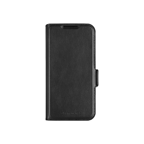 Schwarze Handyhülle aus Leder. Auf der Vorderseite ist der Schriftzug 'dramonte1928' zu sehen. Die Hülle ist geschlossen.